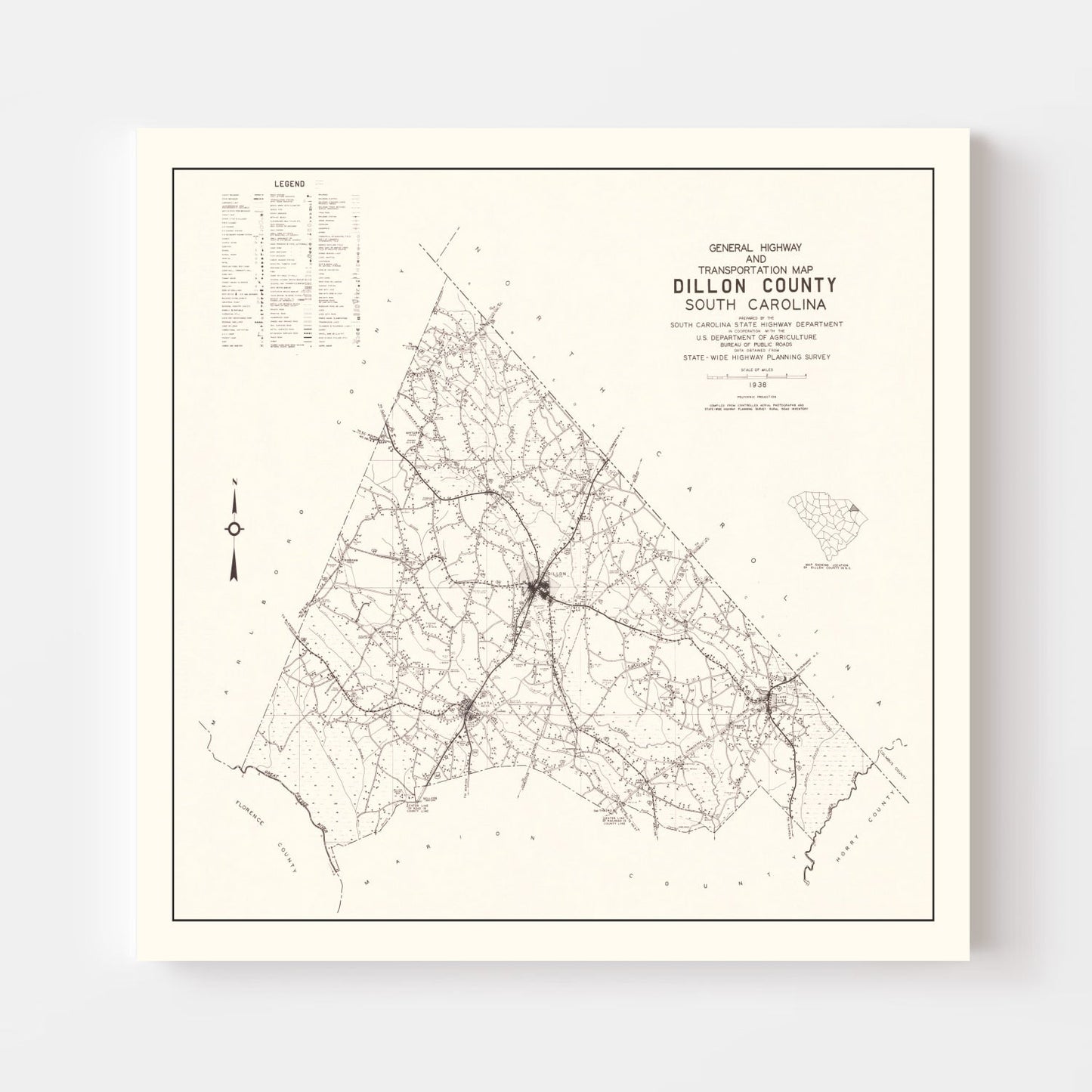 Vintage Map of Dillon County, South Carolina, 1938