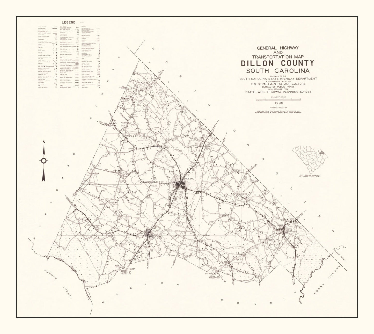 Vintage Map of Dillon County, South Carolina, 1938