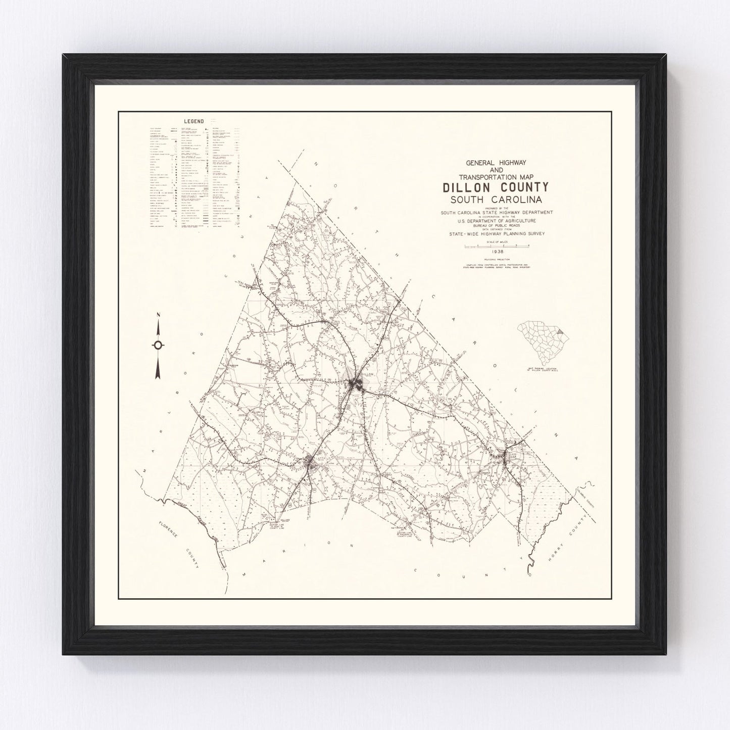 Vintage map of Dillon County, South Carolina, 1938