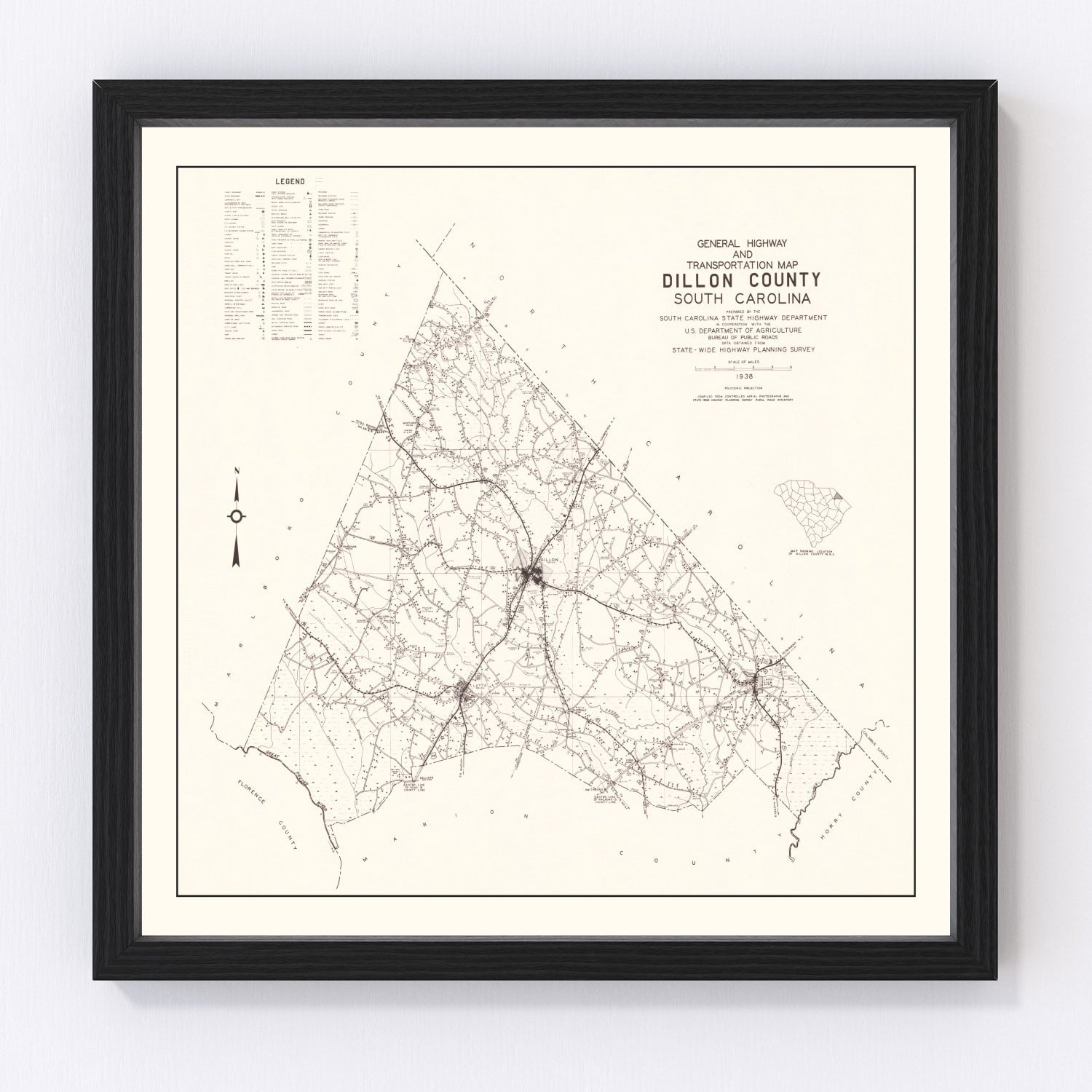 Vintage map of Dillon County, South Carolina, 1938