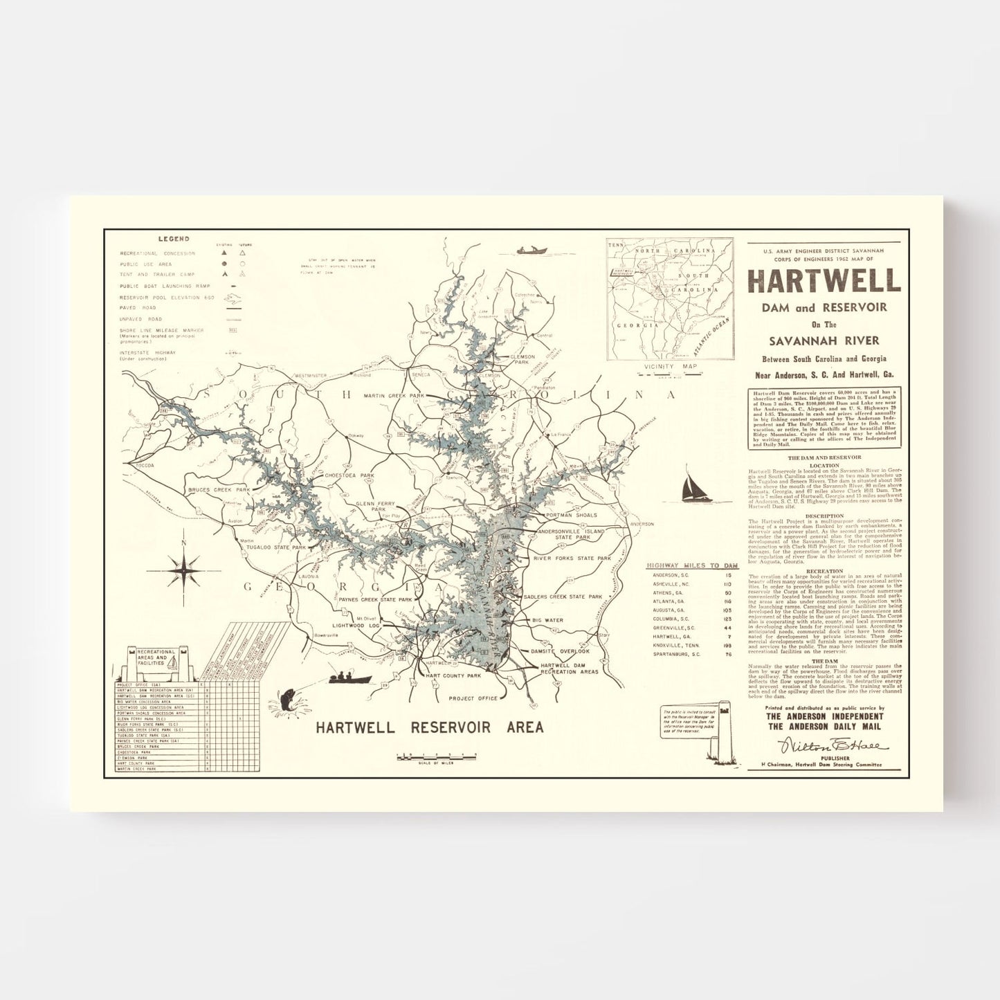Vintage Hartwell Dam and Reservoir Map, 1964