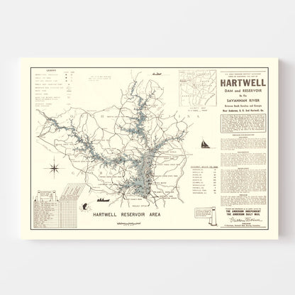 Vintage Hartwell Dam & Reservoir Map 1964