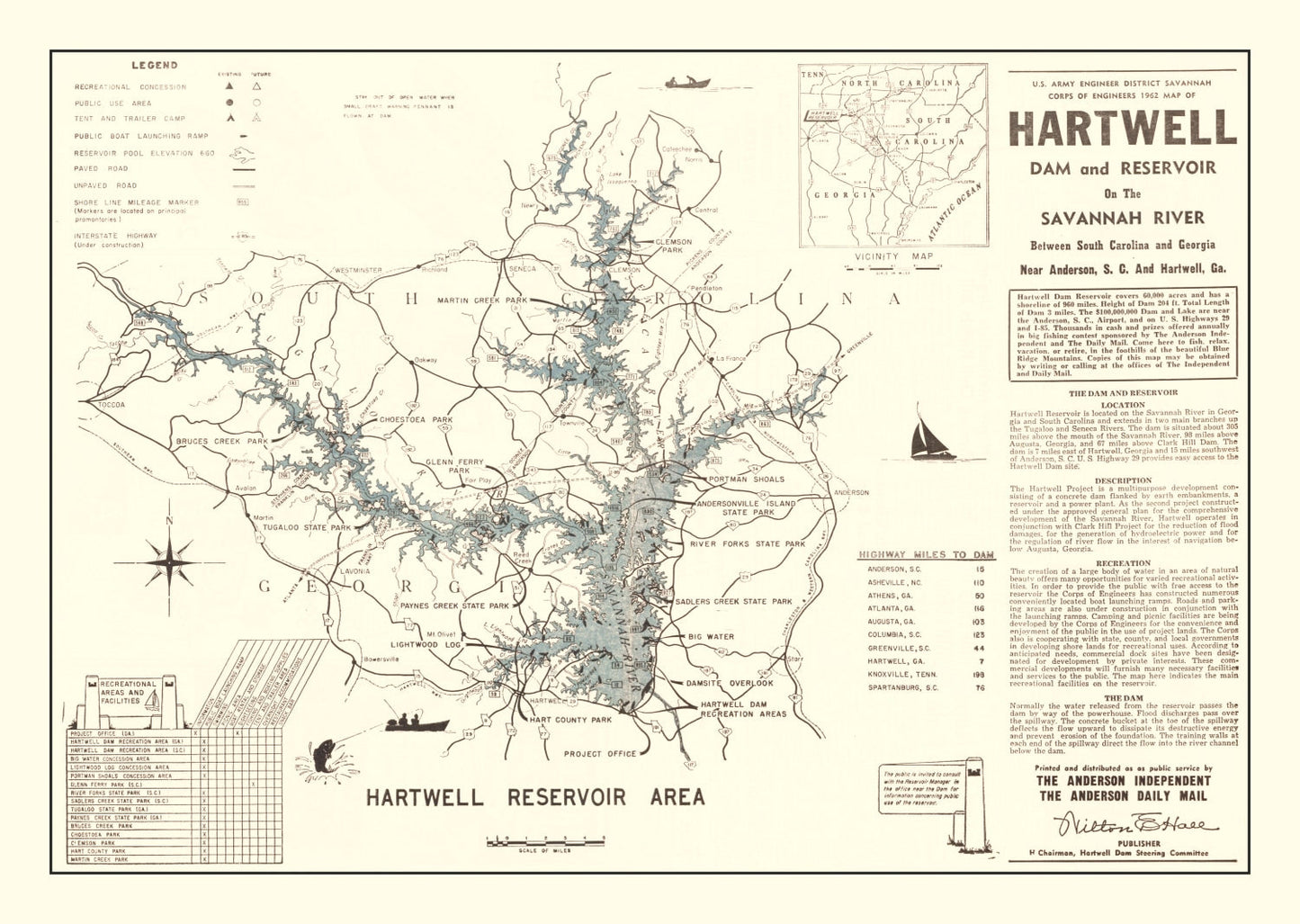Vintage Hartwell Dam and Reservoir Map, 1964