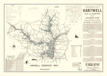 Vintage Hartwell Dam & Reservoir Map 1964