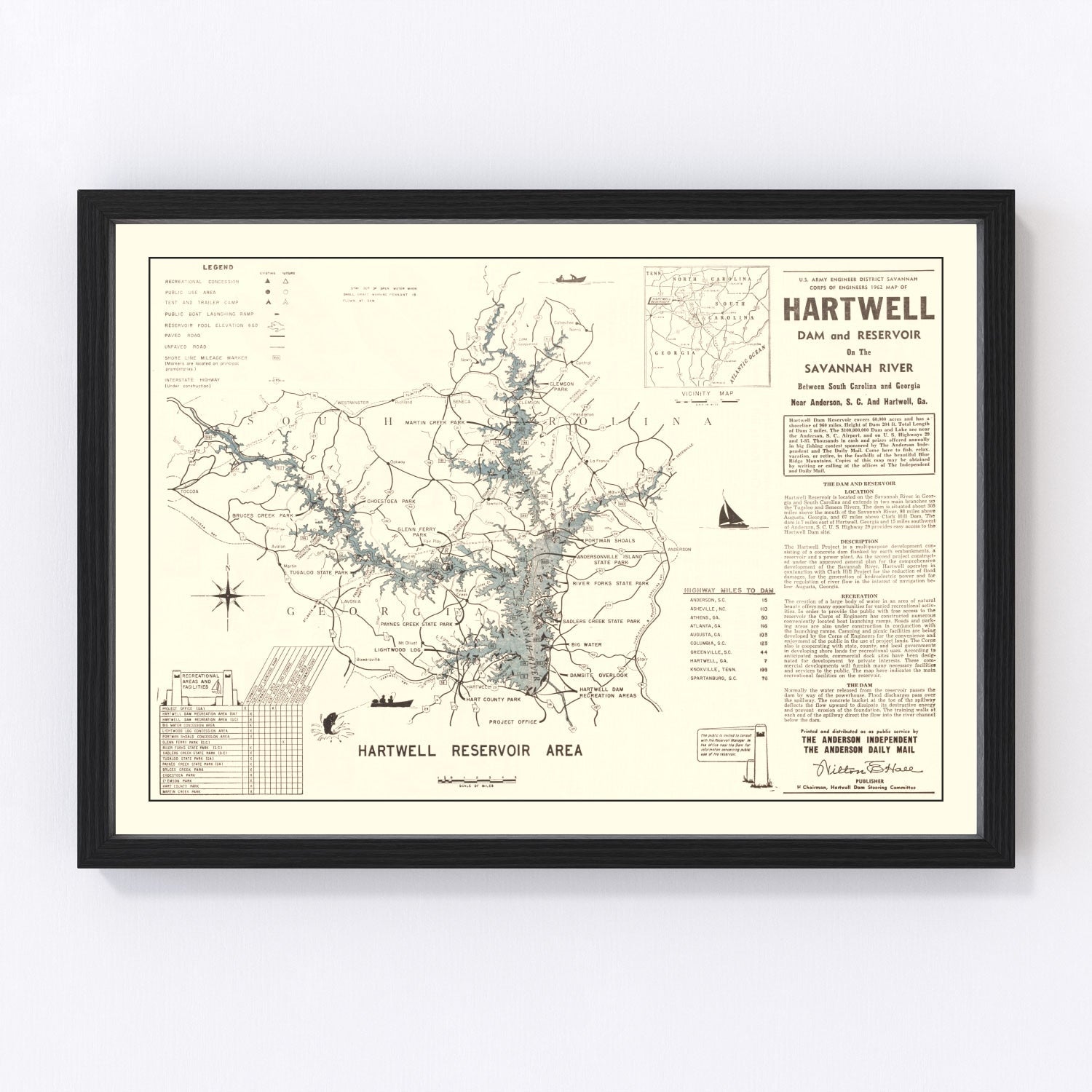 Vintage map of Hartwell Dam and Reservoir, South Carolina, 1964