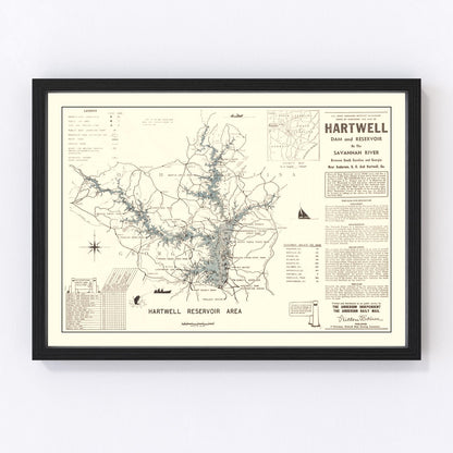 Vintage map of Hartwell Dam and Reservoir, South Carolina, 1964