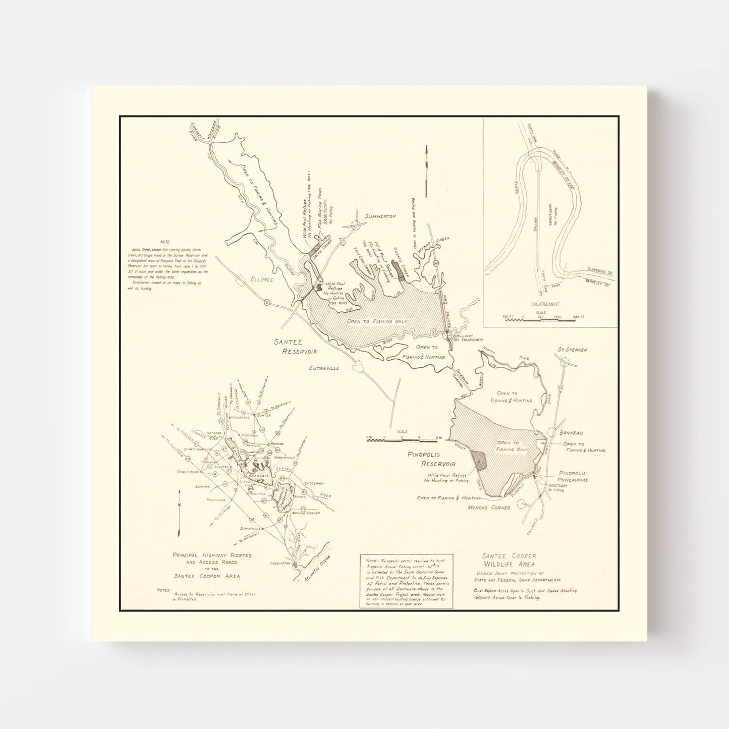 Vintage 1943 Santee Cooper Wildlife Area Map Wall Art