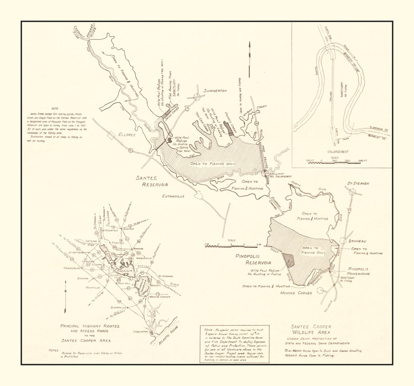Vintage 1943 Santee Cooper Wildlife Area Map Wall Art