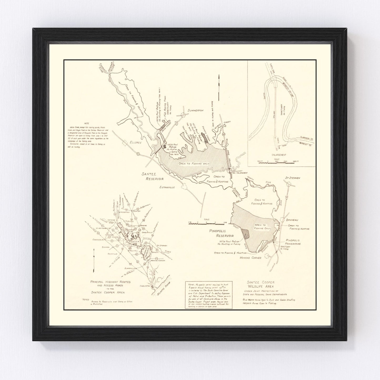 Vintage 1943 Santee Cooper wildlife area map wall art