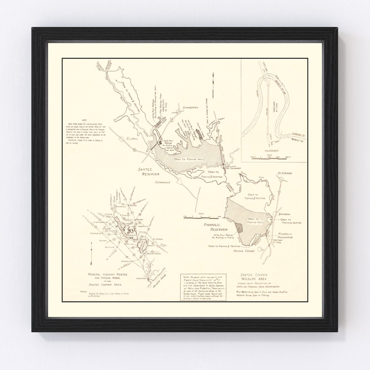 Vintage 1943 Santee Cooper wildlife area map wall art