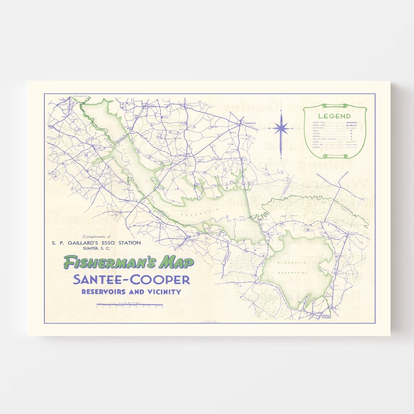 Vintage Fisherman's Map of Santee Cooper Reservoir, 1944