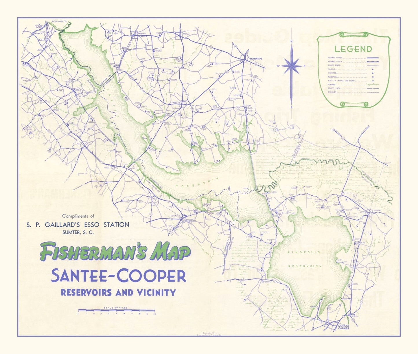 Vintage Fisherman's Map of Santee Cooper Reservoir, 1944