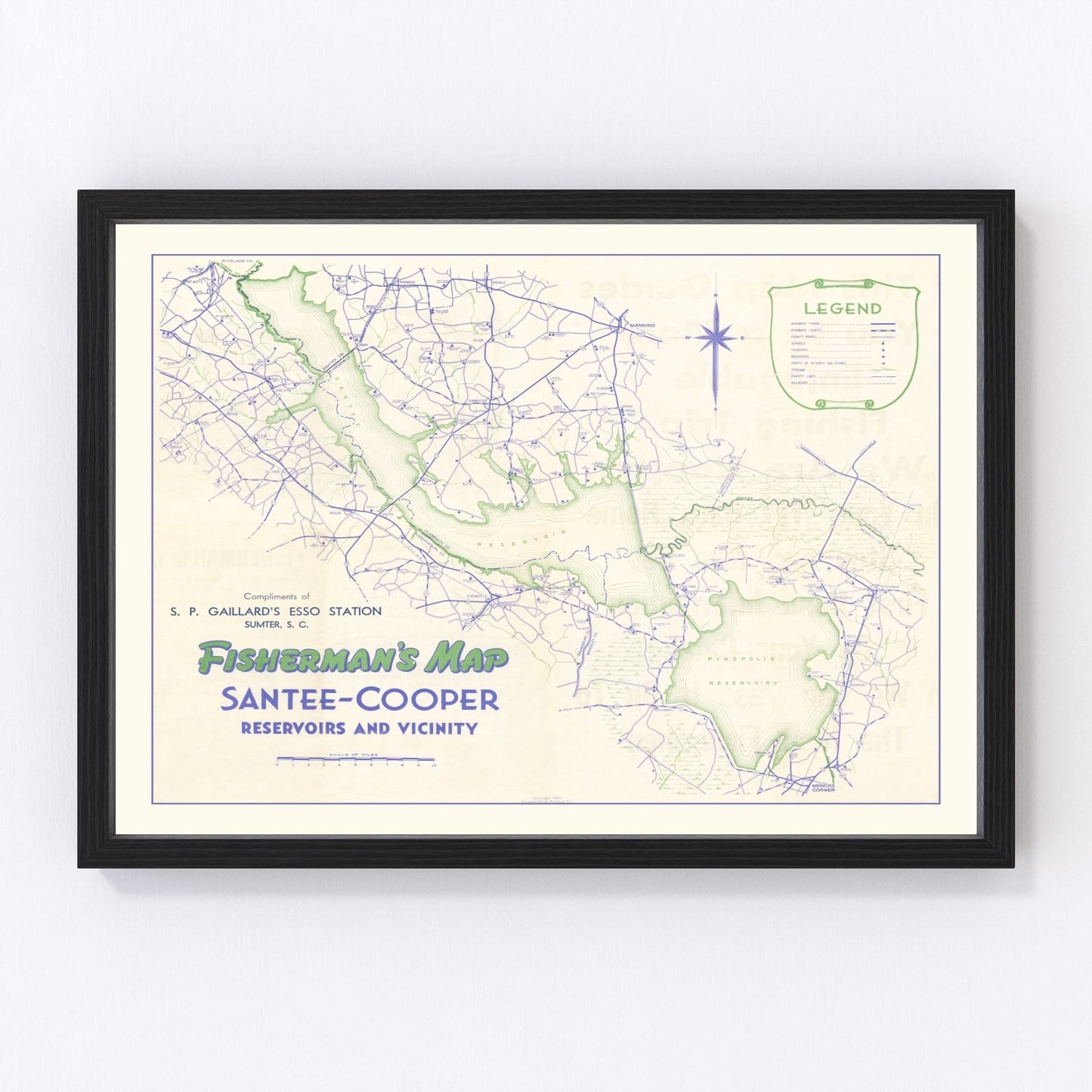 Restored vintage fisherman's map of Santee Cooper Reservoir, 1944