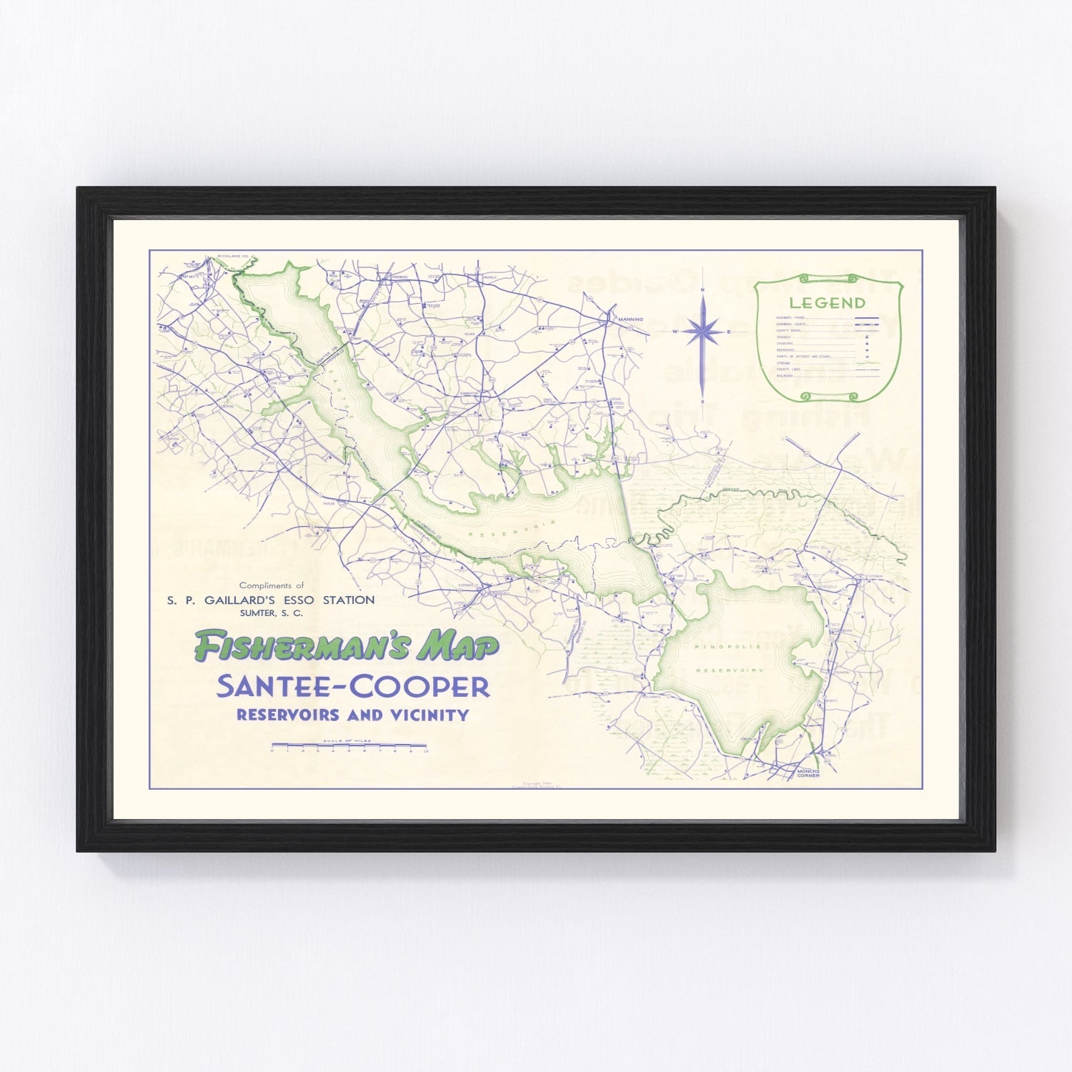 Restored vintage fisherman's map of Santee Cooper Reservoir, 1944