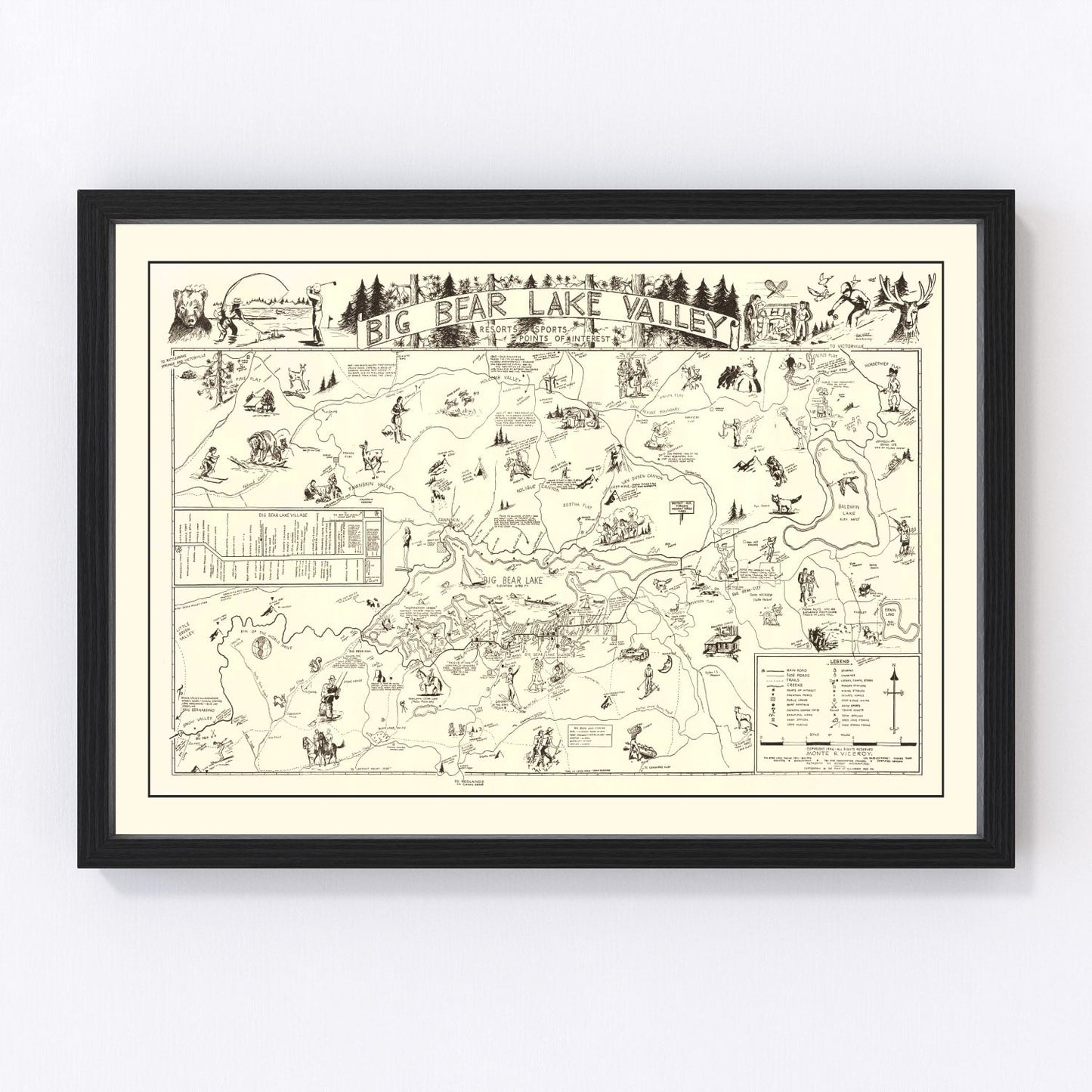 Vintage map of Big Bear Lake Valley, California, 1946 - San Bernardino mountain resort