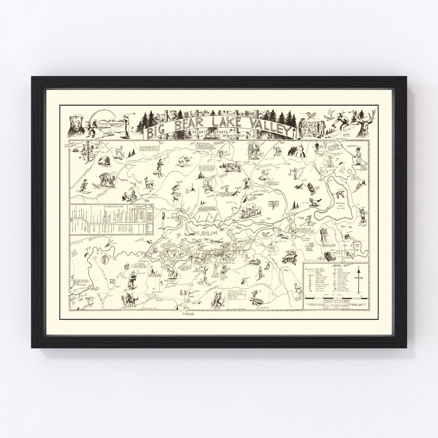 Vintage map of Big Bear Lake Valley, California, 1946 - San Bernardino mountain resort