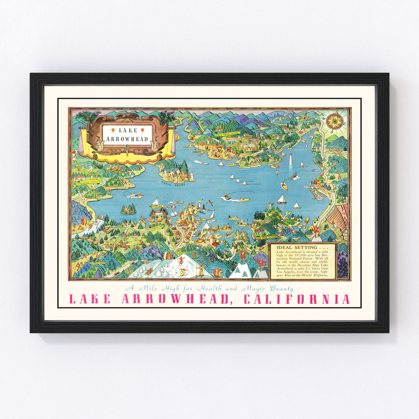 Vintage map of Lake Arrowhead, California mountain resort lake, 1938