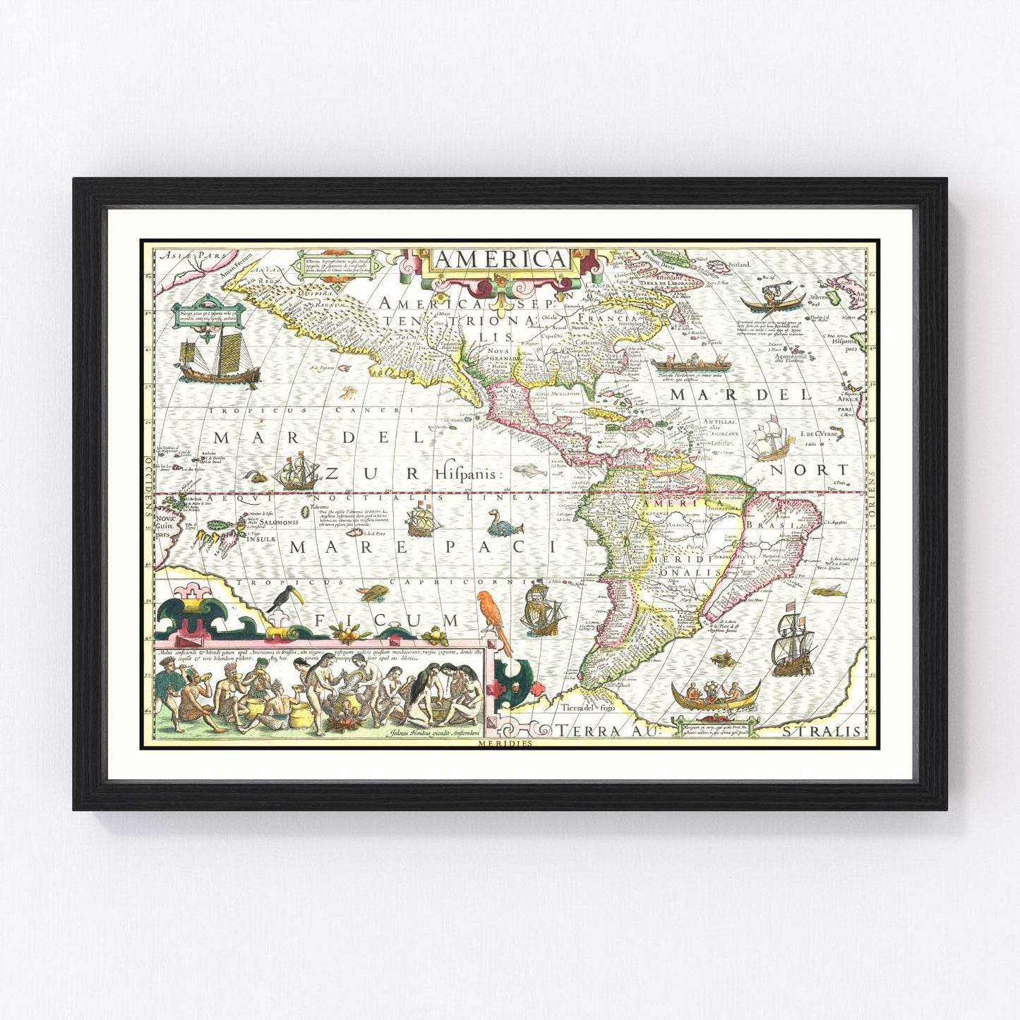 vintage map of America, 1606, early colonial restored print wall art