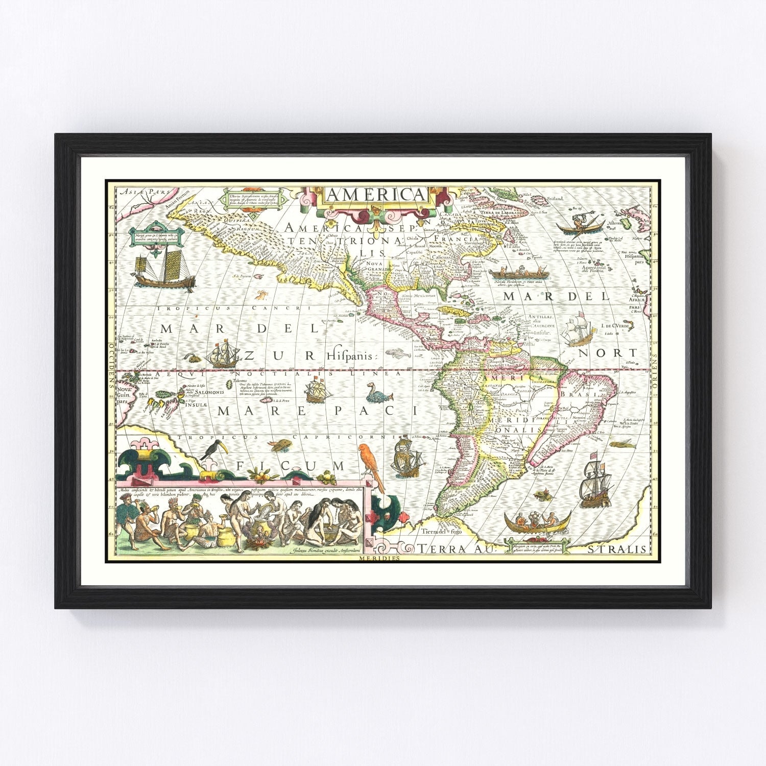 vintage map of America, 1606, early colonial restored print wall art