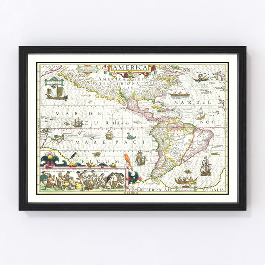 vintage map of America, 1606, early colonial restored print wall art