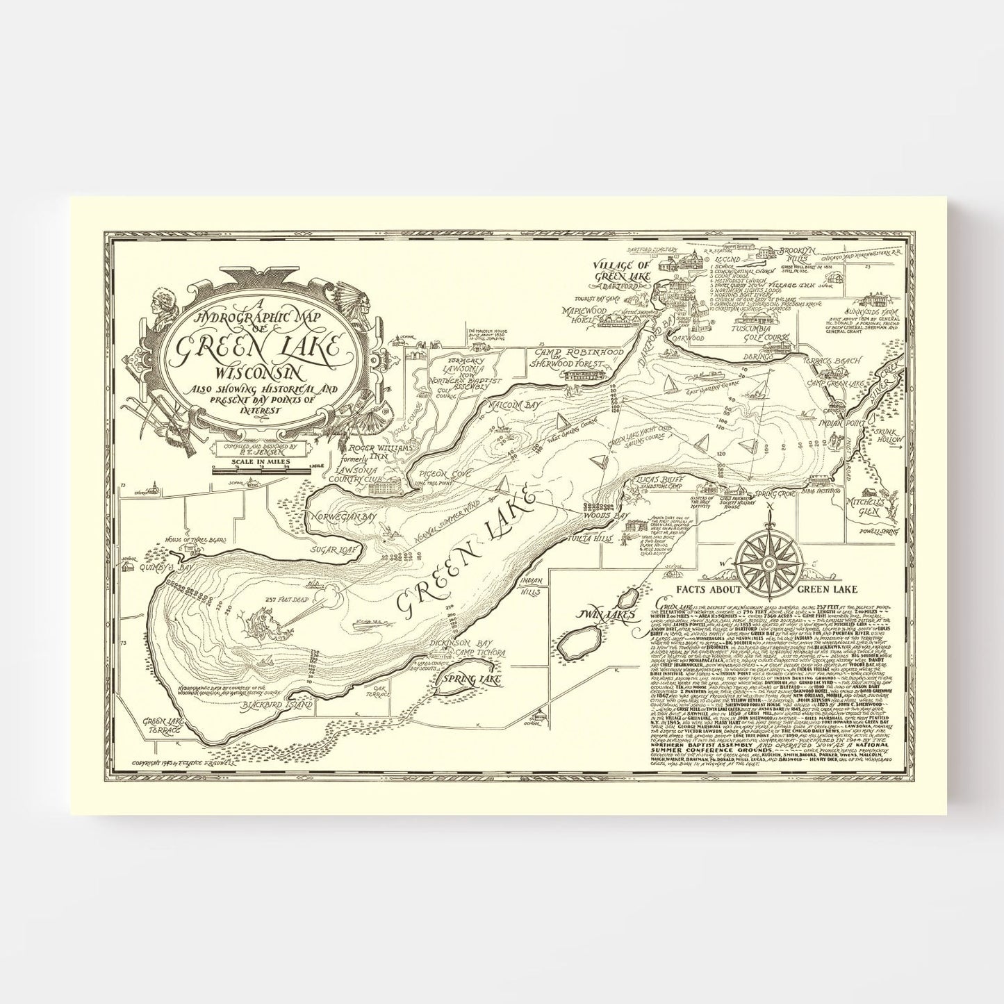 Vintage Green Lake, Wisconsin Map, 1945