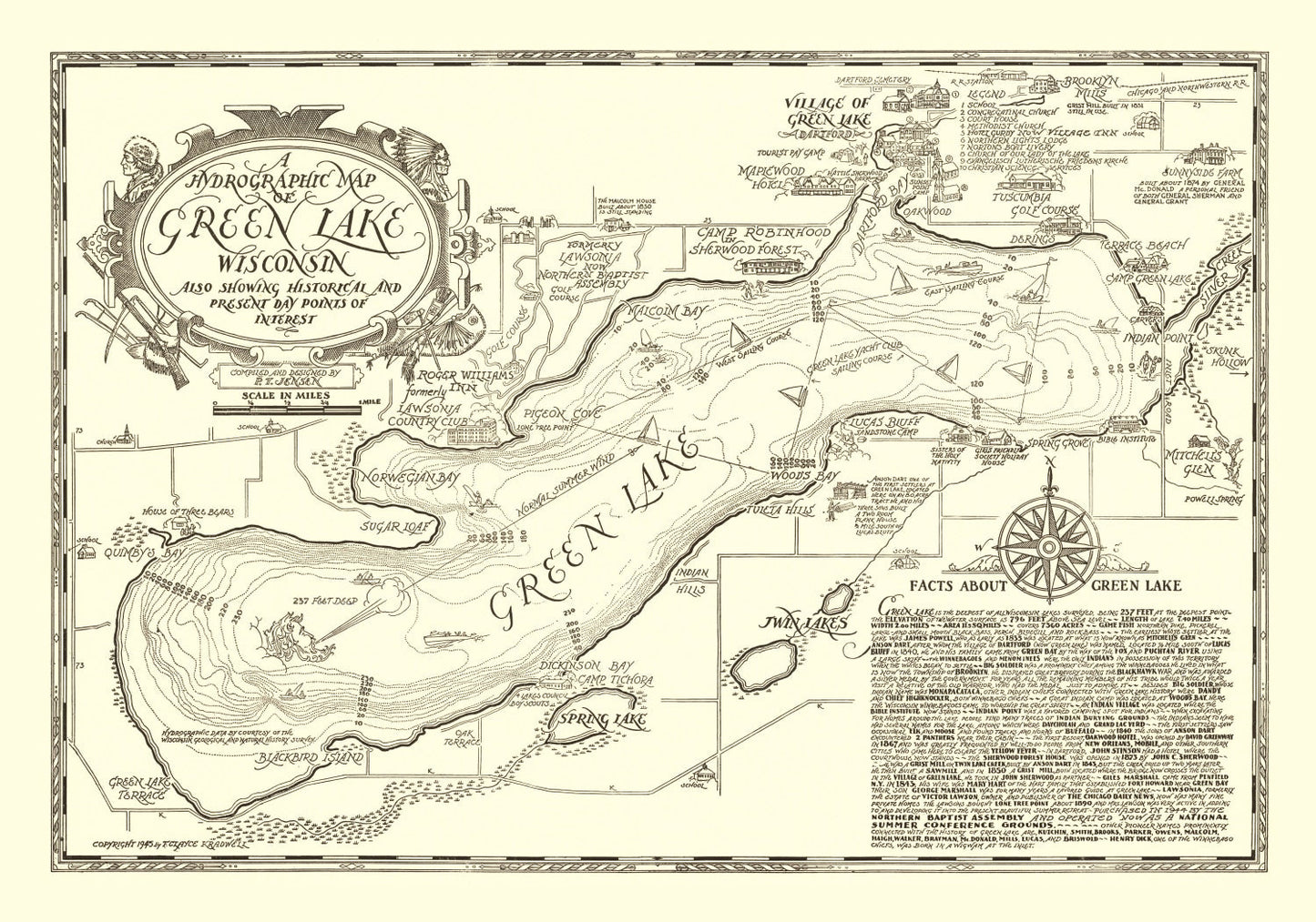 Vintage Green Lake, Wisconsin Map, 1945