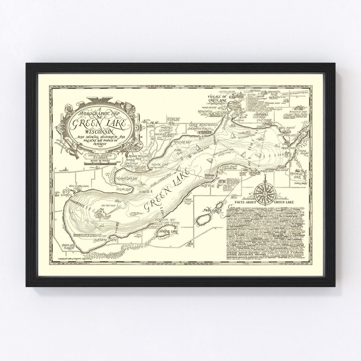 Vintage depth survey map of Green Lake, Wisconsin, 1945
