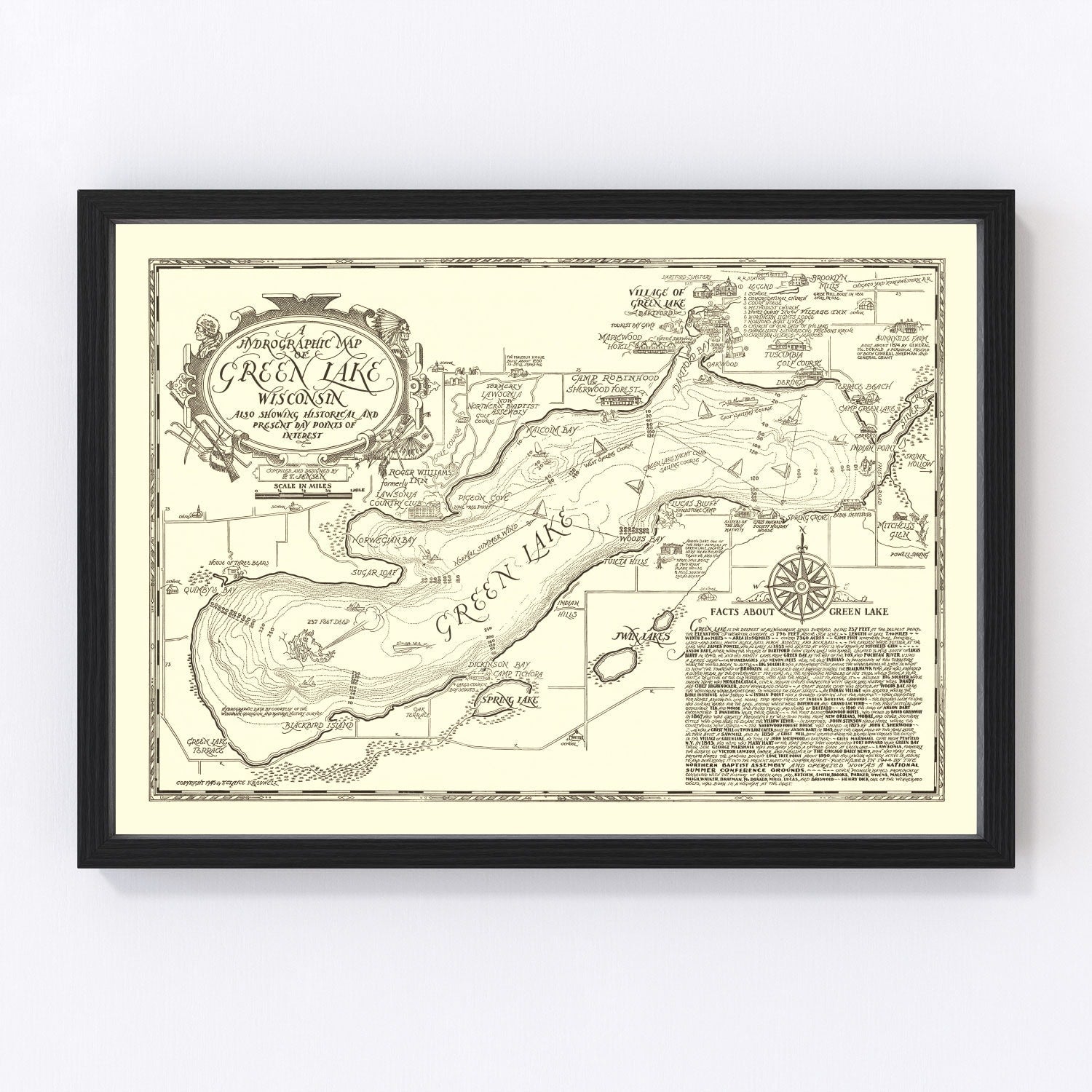 Vintage depth survey map of Green Lake, Wisconsin, 1945