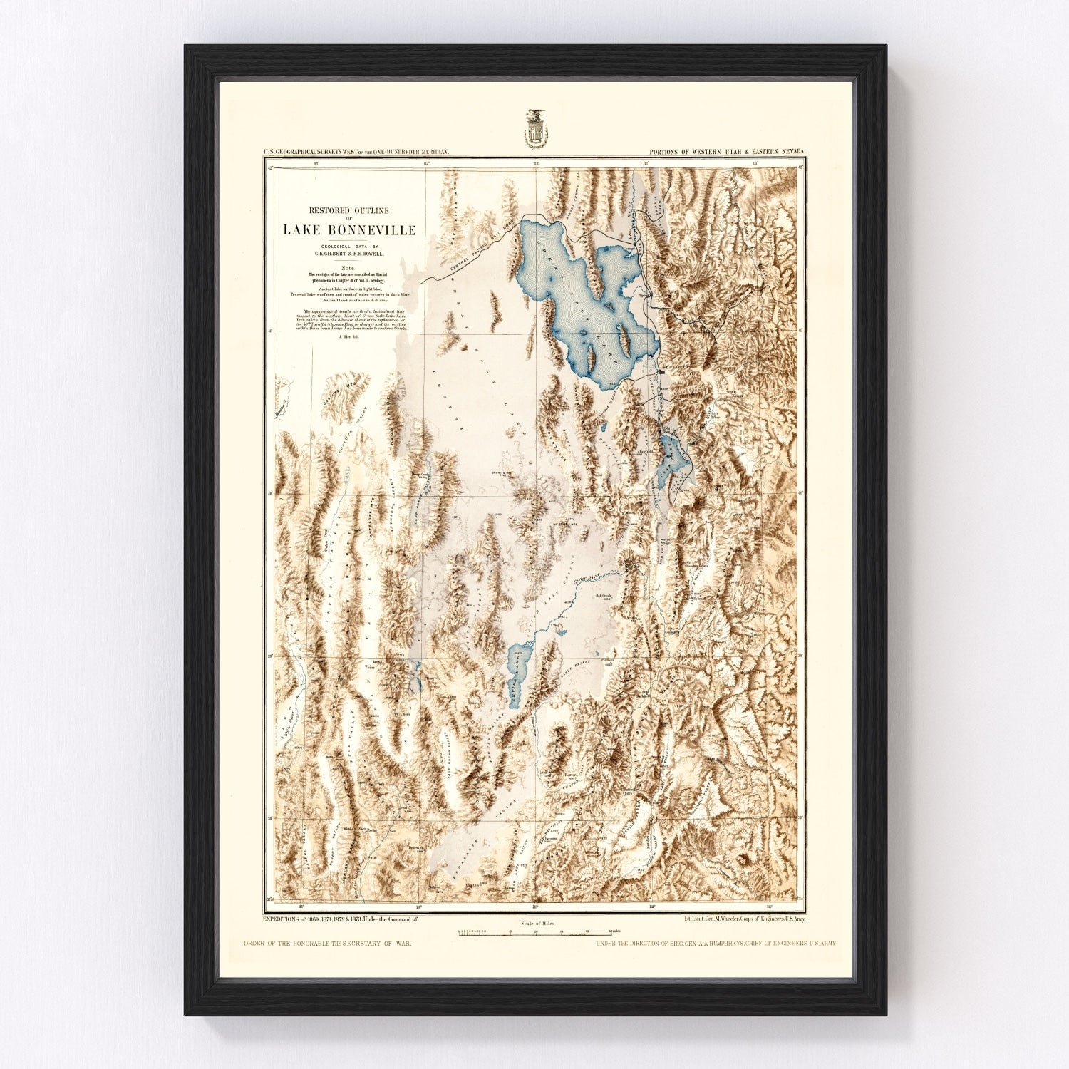 Vintage geological map of ancient Lake Bonneville Great Basin, 1877