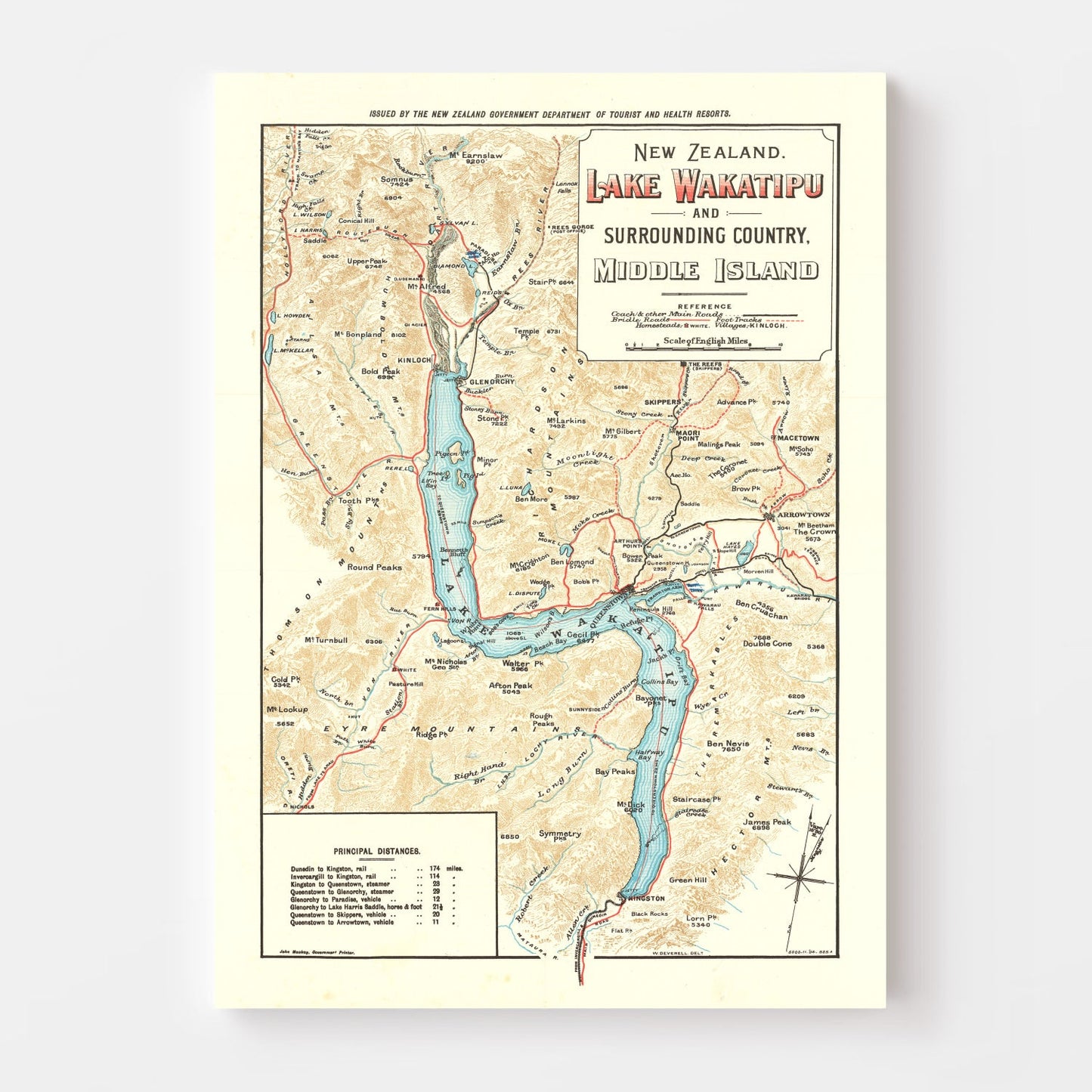 Vintage Lake Wakatipu, New Zealand Map, 1909