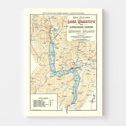 Vintage Lake Wakatipu, New Zealand Map, 1909