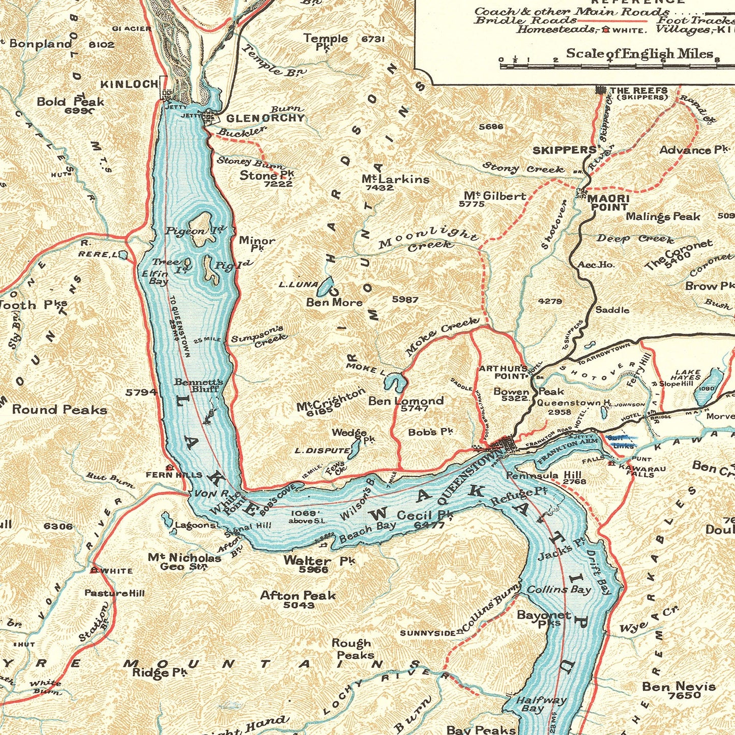 Vintage Lake Wakatipu, New Zealand Map, 1909