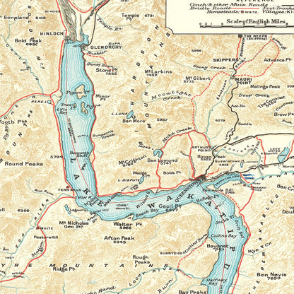 Vintage Lake Wakatipu, New Zealand Map, 1909