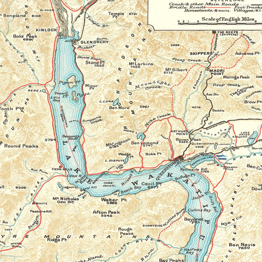 Vintage Lake Wakatipu, New Zealand Map, 1909