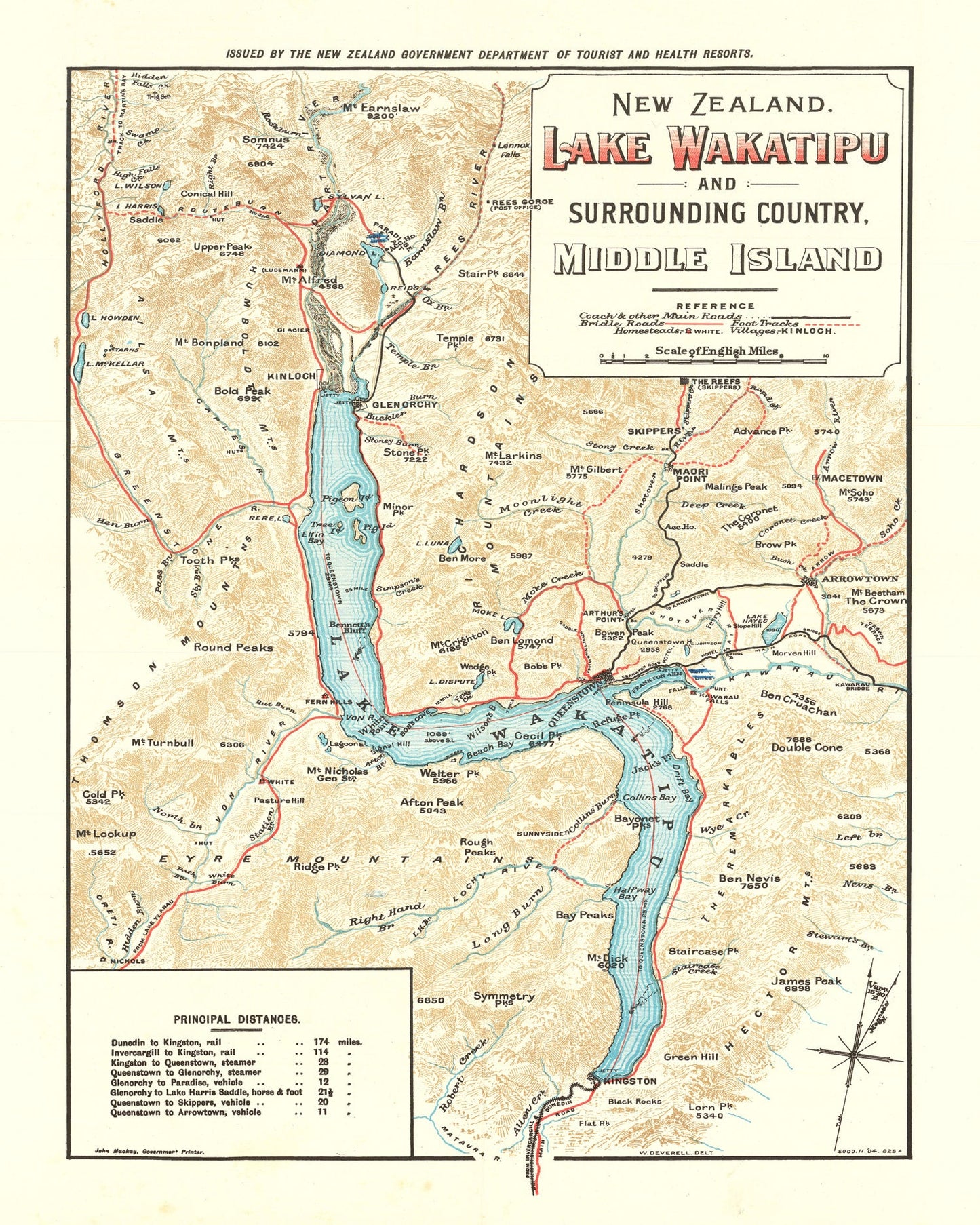 Vintage Lake Wakatipu, New Zealand Map, 1909
