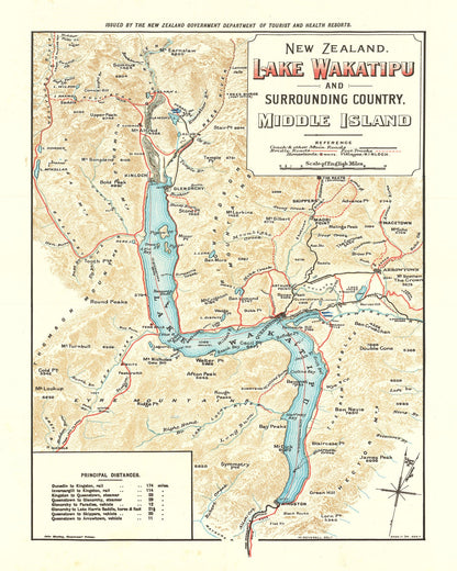Vintage Lake Wakatipu, New Zealand Map, 1909