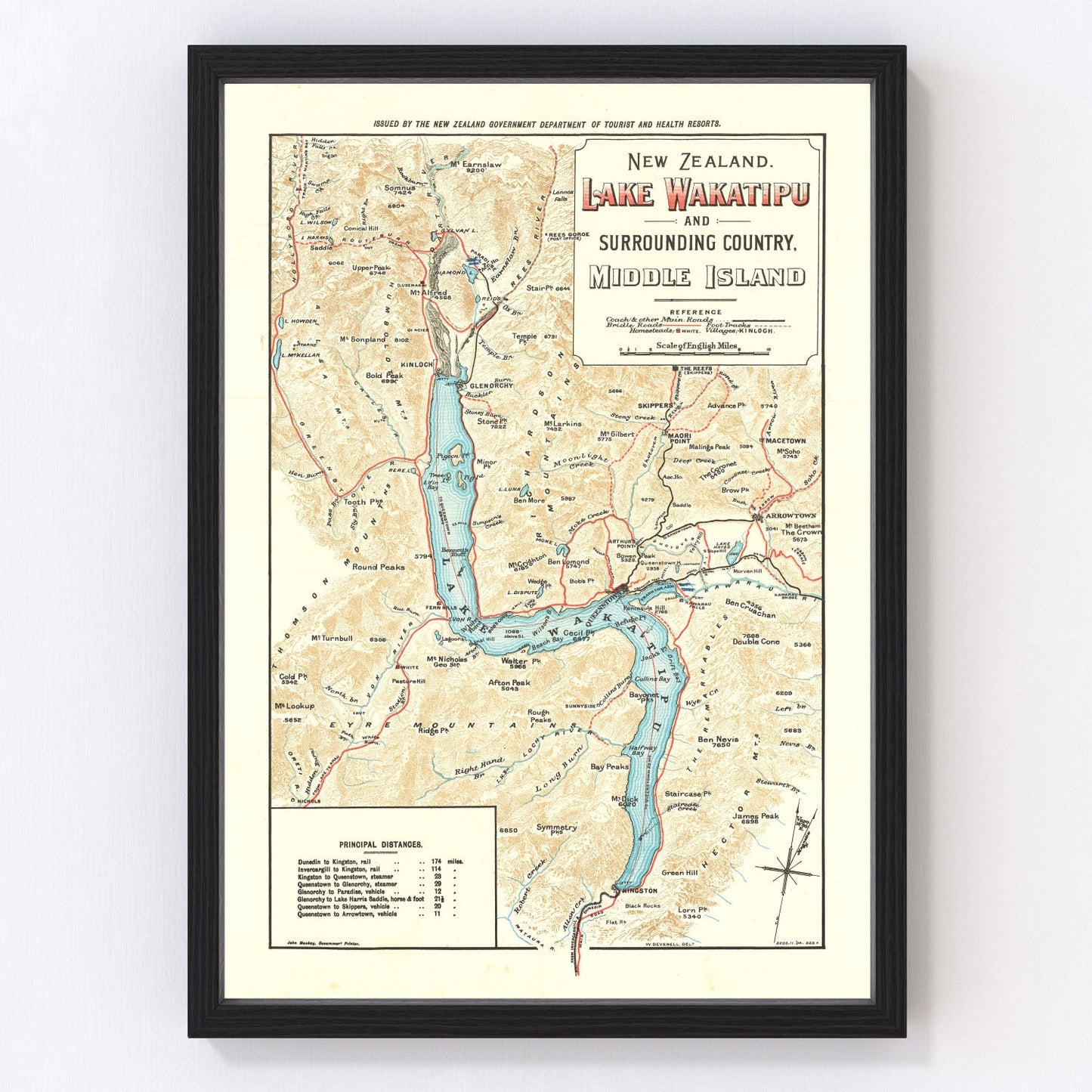 Vintage map of Lake Wakatipu, New Zealand Queenstown, 1909