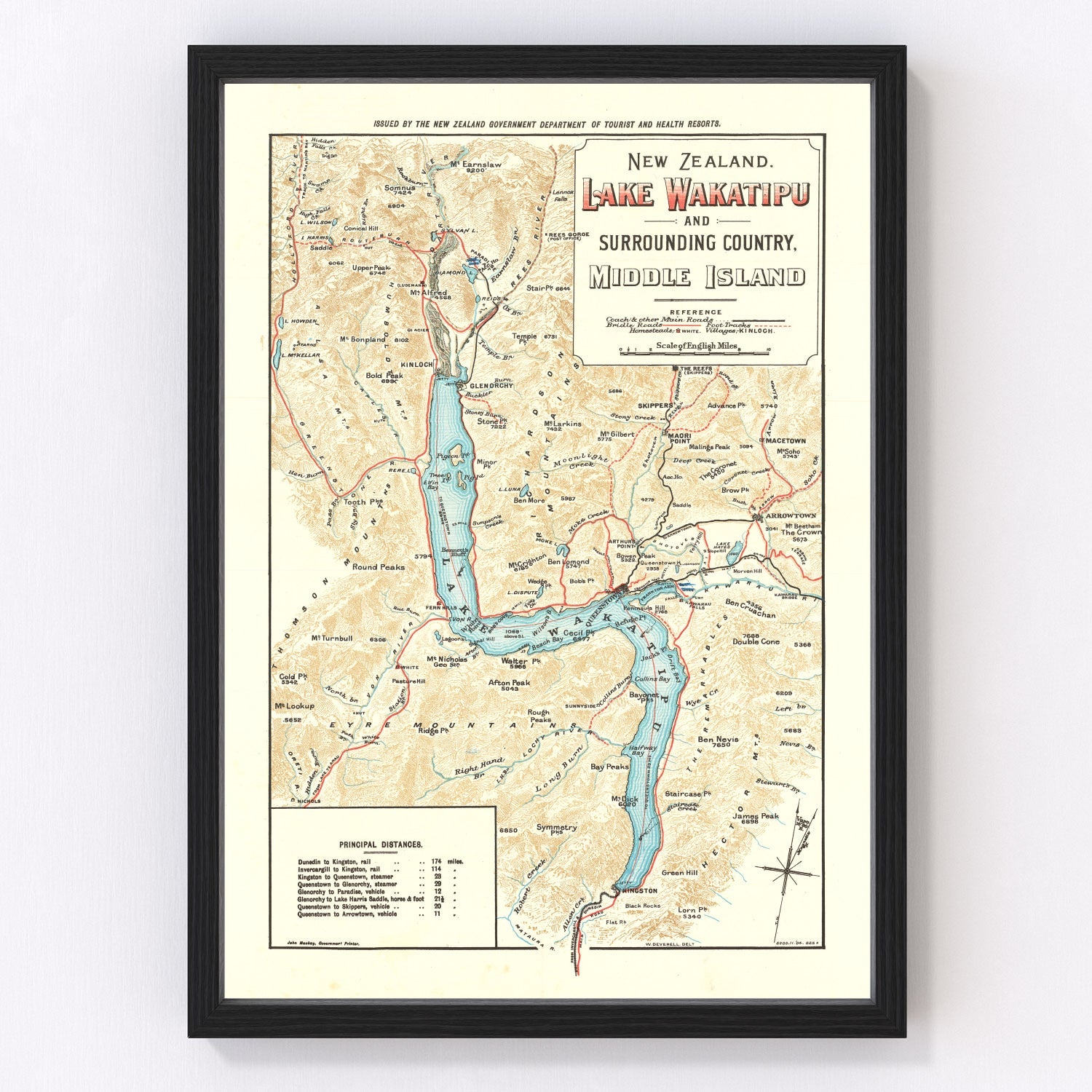 Vintage map of Lake Wakatipu, New Zealand Queenstown, 1909