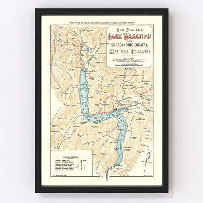 Vintage map of Lake Wakatipu, New Zealand Queenstown, 1909