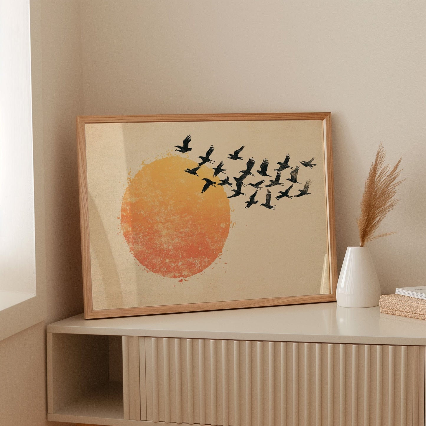 Japanese Birds and Sun Wall Art - Vintage Ink Print