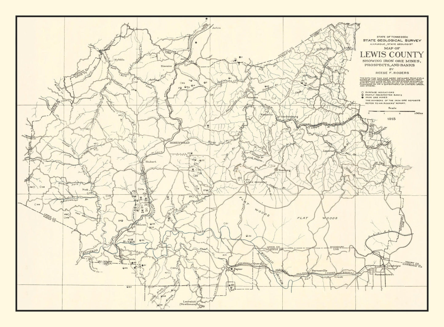 Lewis County TN Iron Ore Mines Vintage Map 1915 Wall Art