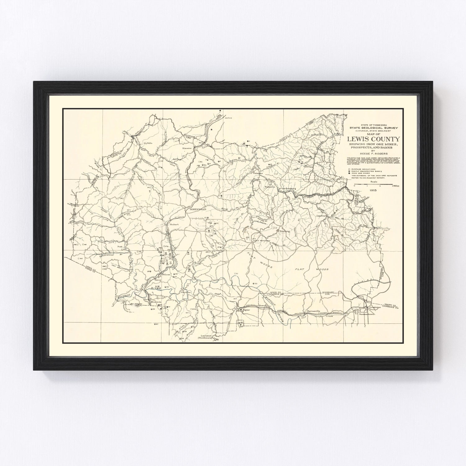 Vintage Lewis County Tennessee iron ore mines map, 1915, digitally restored print