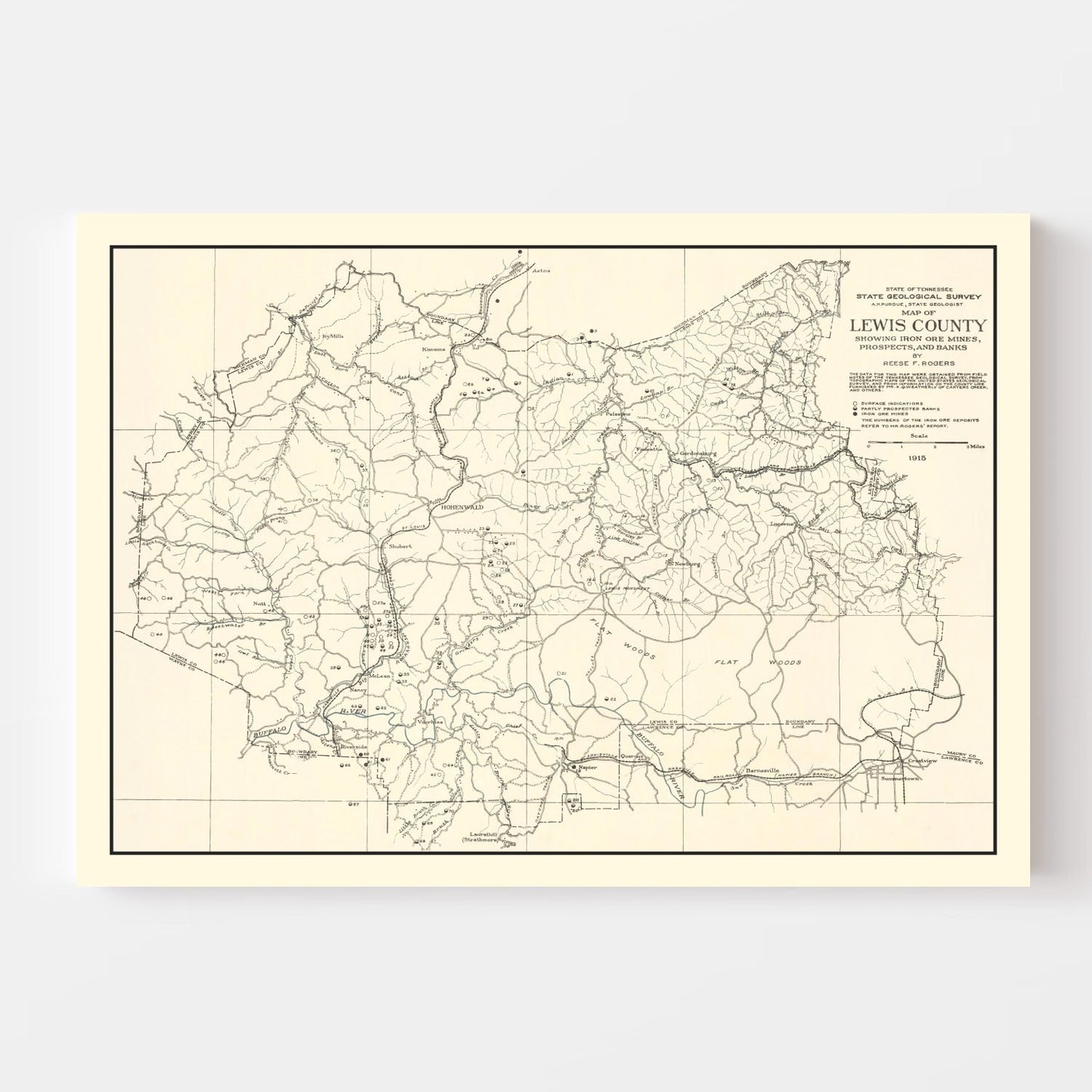 Lewis County TN Iron Ore Mines Vintage Map 1915 Wall Art