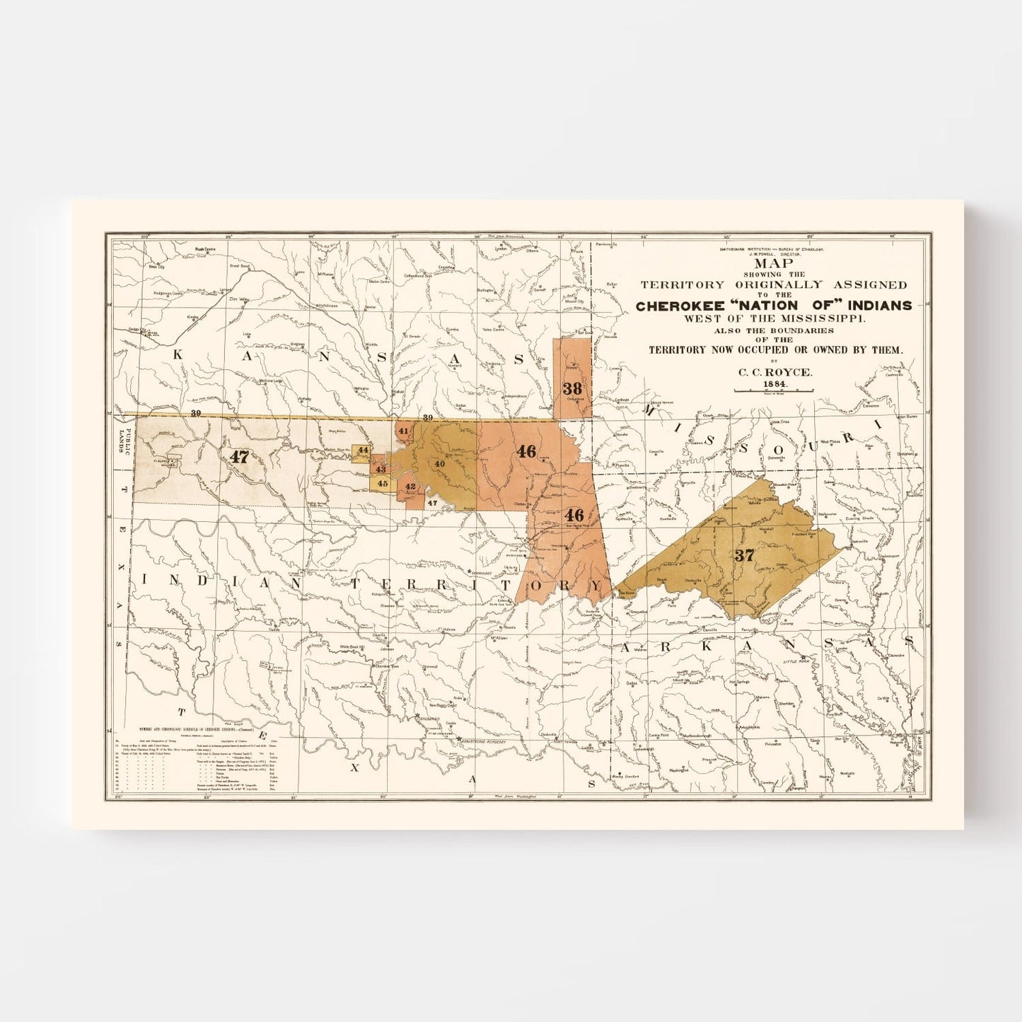 Vintage Cherokee Nation Map, Oklahoma, 1884