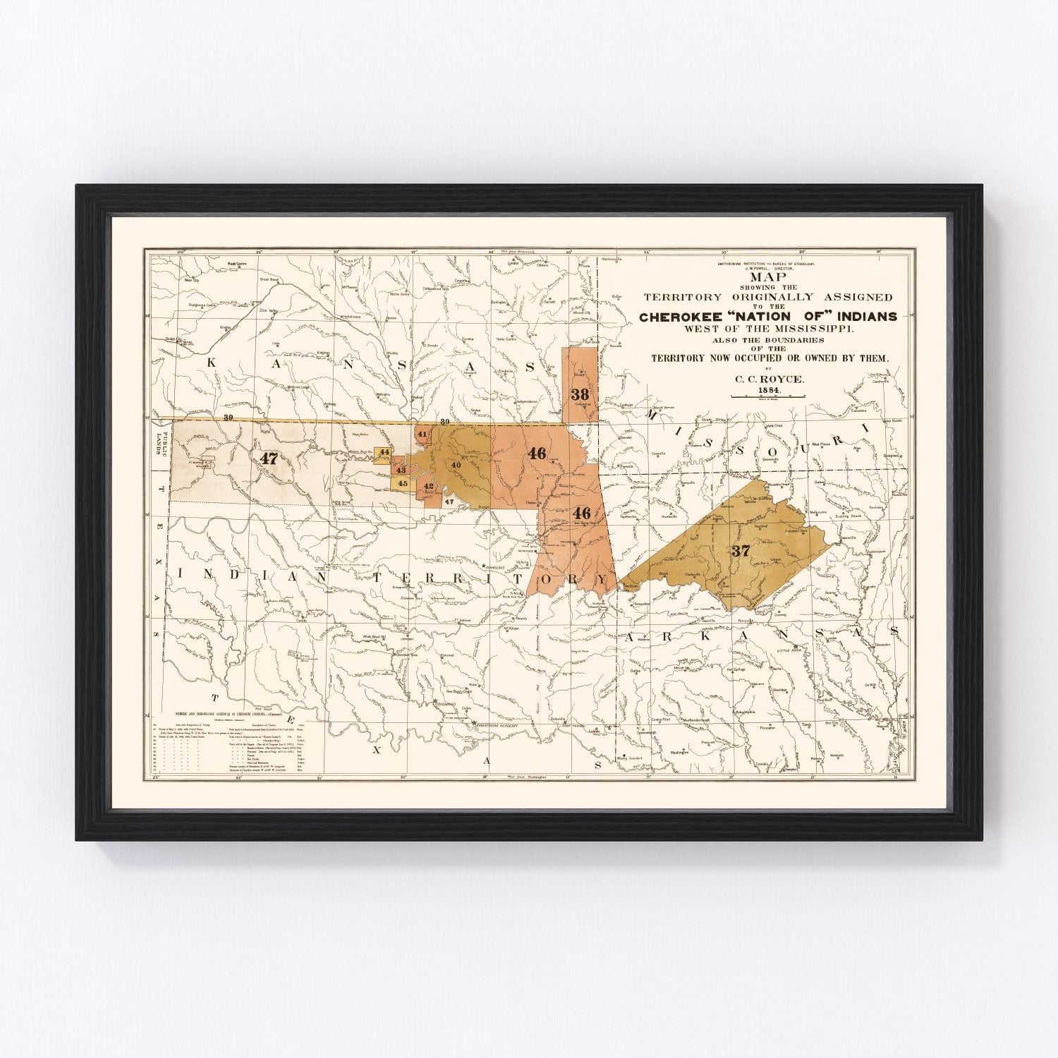 Restored vintage map of the Cherokee Nation, Oklahoma, 1884