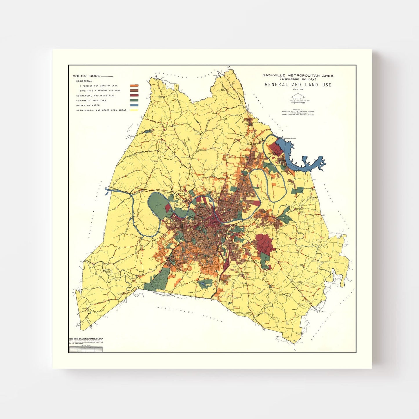 Vintage Map of Nashville, Tennessee, 1956