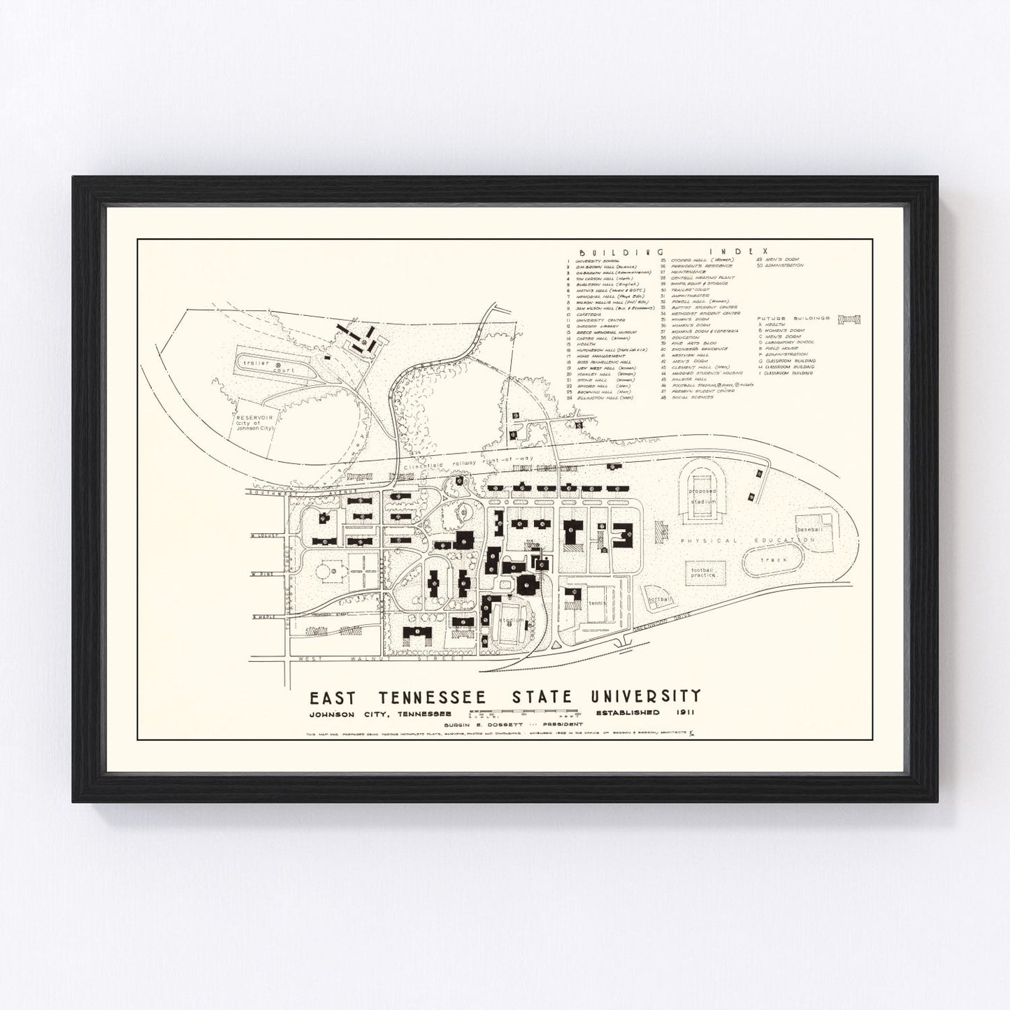 Restored vintage campus map of East Tennessee State University, 1935