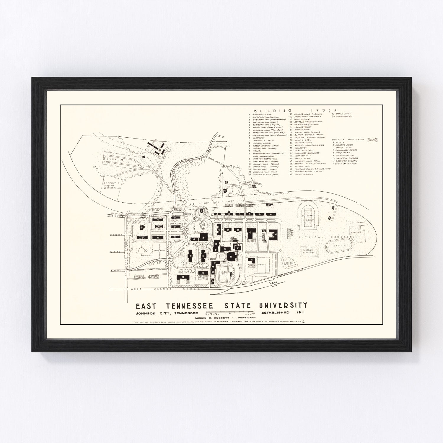 Restored vintage campus map of East Tennessee State University, 1935