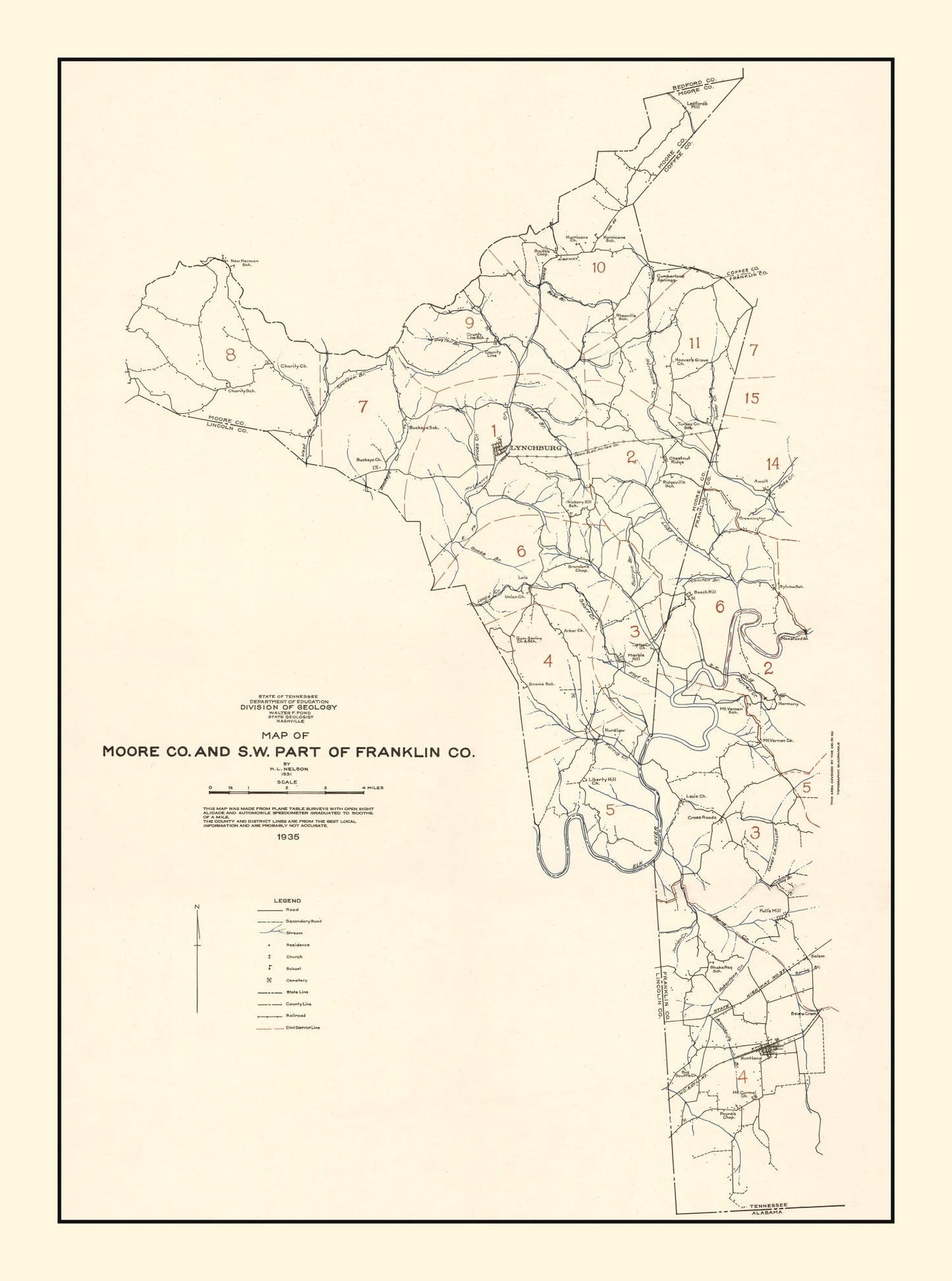 Vintage Map of Moore County, Tennessee, 1935