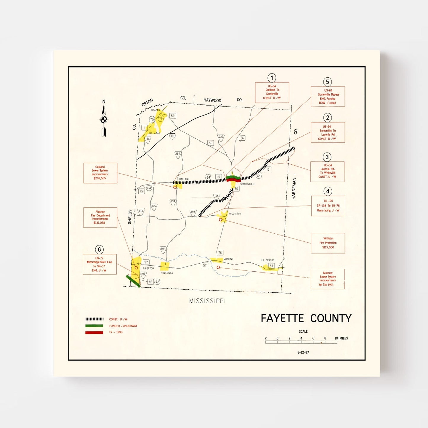 Vintage Map of Fayette County, Tennessee, 1997